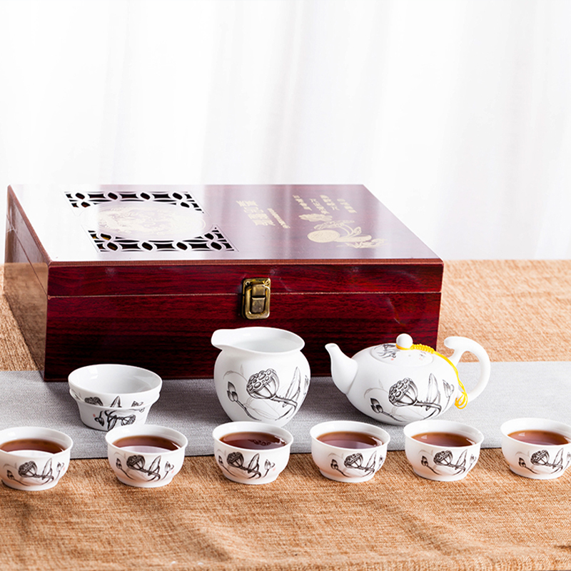 【景德镇】荷花陶瓷茶壶套装 10件套 茶具 珍珠白茶杯 礼品 主人杯 家用办公 单杯 碗 杯子